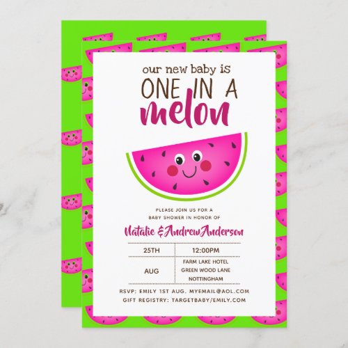 One In A MELON Baby Shower Lime Green Pink Modern Invitation