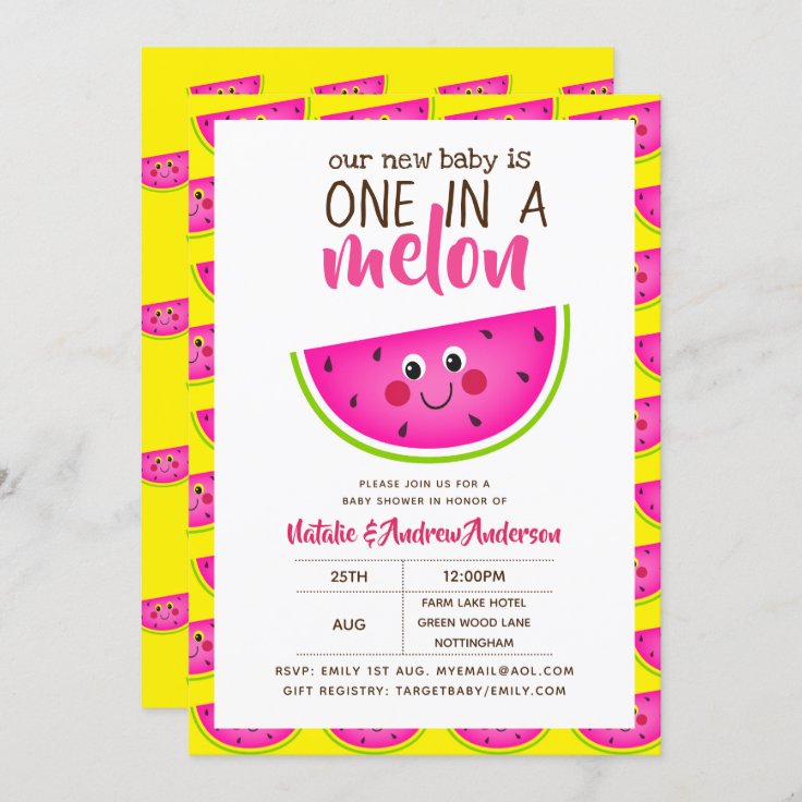 One In A MELON Baby Shower Pink Yellow Modern Cute Invitation Zazzle