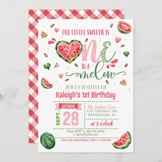 One in a Melon Birthday Invitation - Gingham (Front/Back)