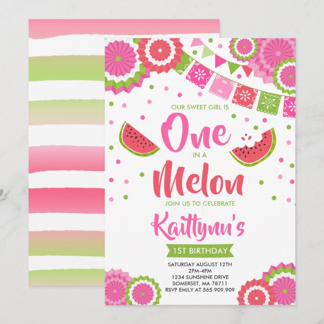 One In A Melon Birthday Invitation Melon Party (Front/Back)
