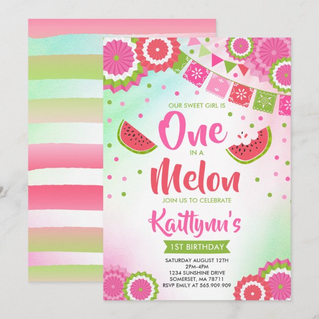 One In A Melon Birthday Invitation Melon Party (Front/Back)