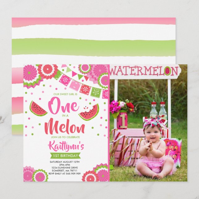 One In A Melon Birthday Invitation Melon Party (Front/Back)