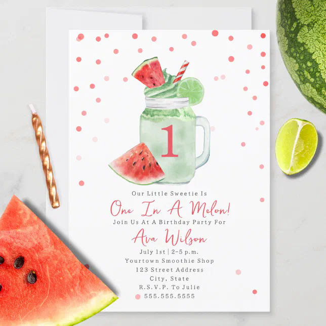 One In A Melon Birthday Party Watermelon Smoothie Invitation | Zazzle
