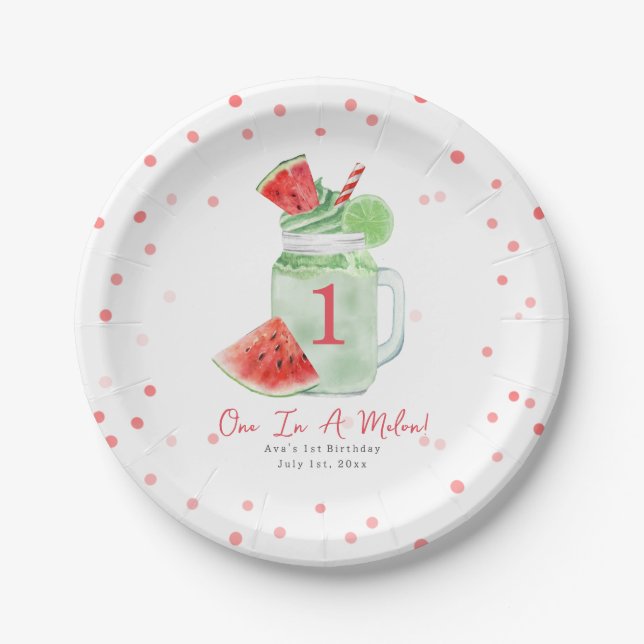 One In A Melon Birthday Party Watermelon Smoothie Paper Plates (Front)