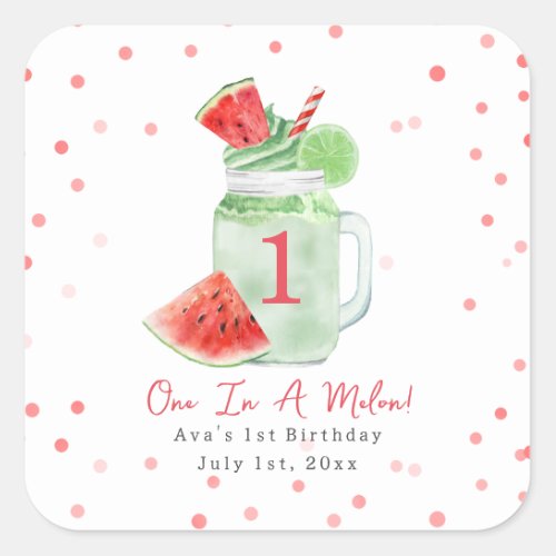 One In A Melon Birthday Party Watermelon Smoothie Square Sticker