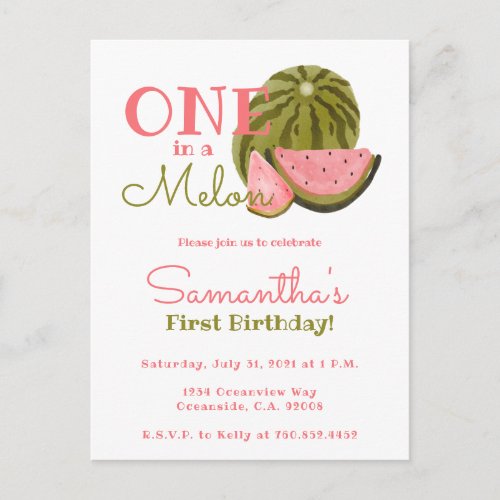 One in a Melon Birthday theme Watermelon Theme  Postcard