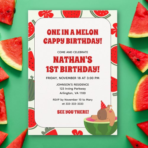 One in A Melon Cappy Birthday Kids Fun Capybara Invitation