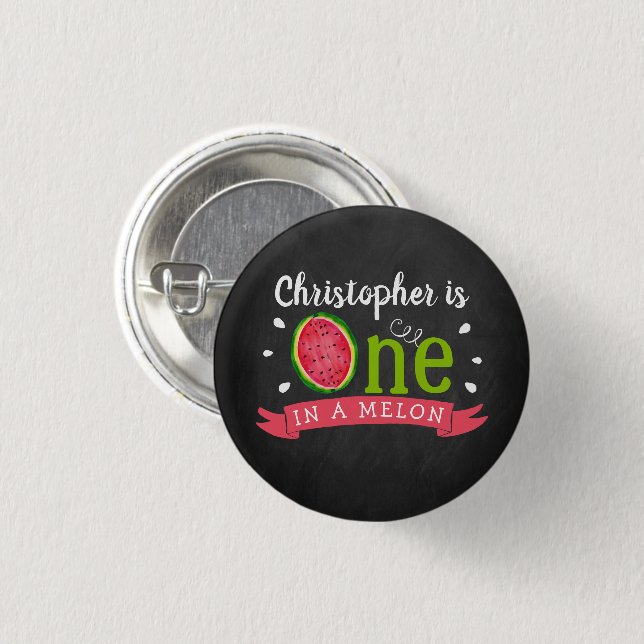 One In A Melon Chalkboard 1st Birthday Button (Front & Back)