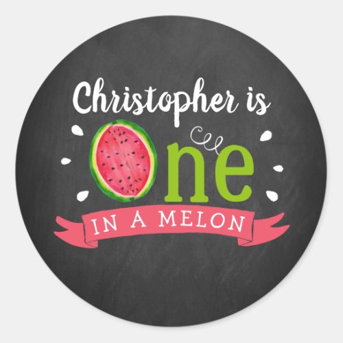One In A Melon Chalkboard 1st Birthday Classic Round Sticker