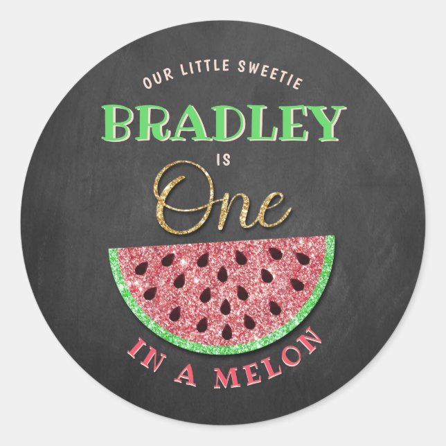 One In A Melon Chalkboard 1st Birthday Classic Round Sticker (Front)