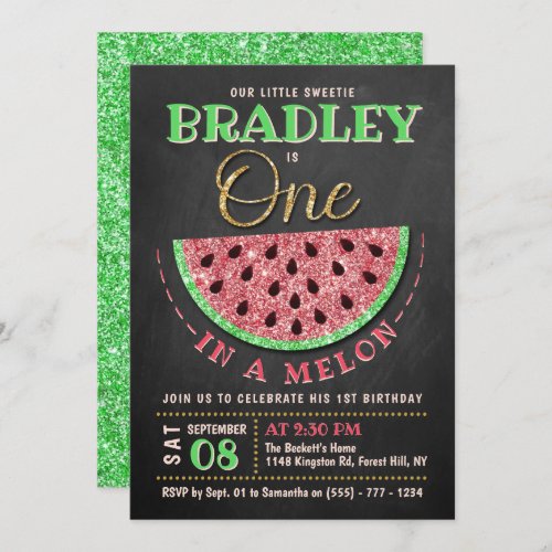 One In A Melon Chalkboard 1st Birthday Invitation