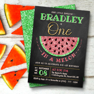 One In A Melon Chalkboard 1st Birthday Invitation