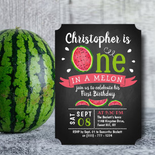 One In A Melon Chalkboard 1st Birthday Invitation