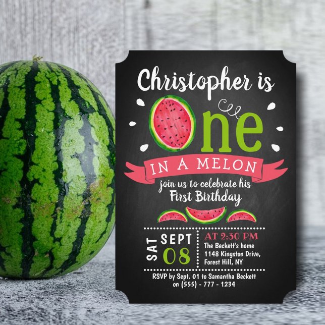 One In A Melon Chalkboard 1st Birthday Invitation (Creator Uploaded)