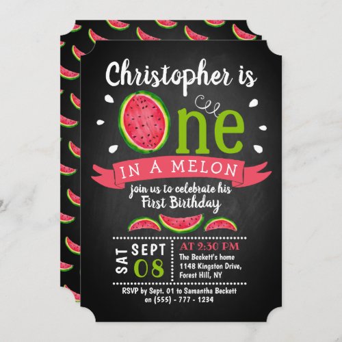 One In A Melon Chalkboard 1st Birthday Invitation