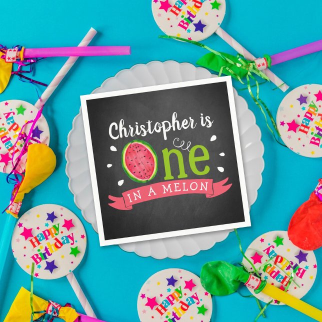 One In A Melon Chalkboard 1st Birthday Napkins (Creator Uploaded)