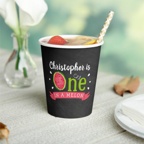One In A Melon Chalkboard 1st Birthday Paper Cups