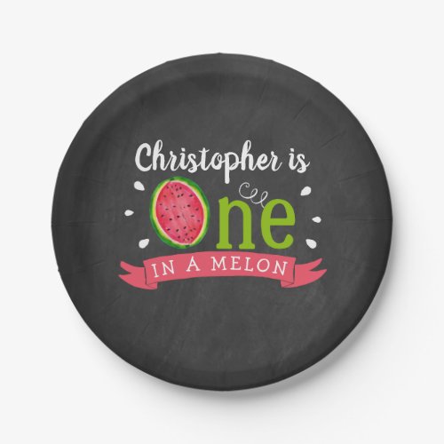 One In A Melon Chalkboard 1st Birthday Paper Plates