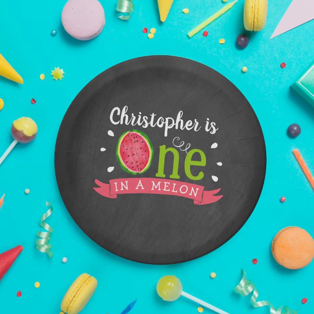 One In A Melon Chalkboard 1st Birthday Paper Plates (Creator Uploaded)