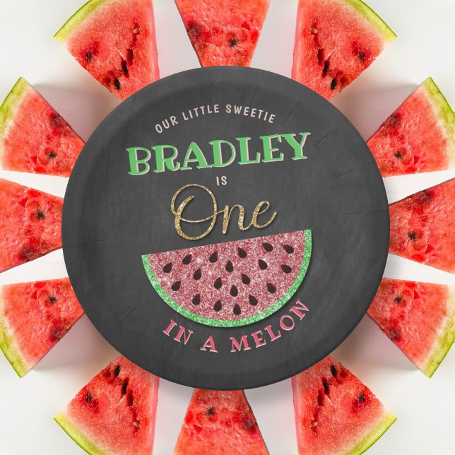 One In A Melon Chalkboard 1st Birthday Paper Plates (Creator Uploaded)