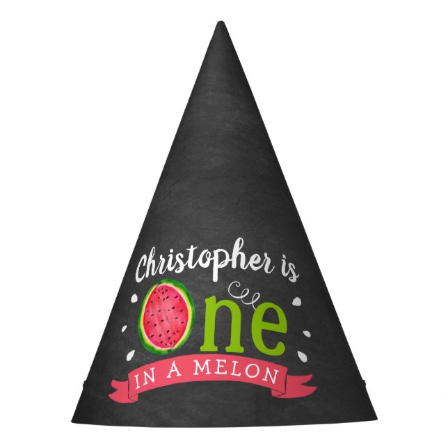One In A Melon Chalkboard 1st Birthday Party Hat (Front)
