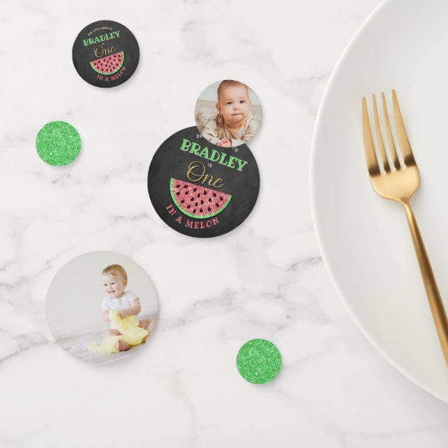 One In A Melon Chalkboard 1st Birthday Party Photo Confetti (Group)