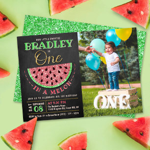 One In A Melon Chalkboard 1st Birthday Photo Invitation