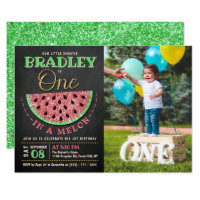 One In A Melon Chalkboard 1st Birthday Photo Invitation