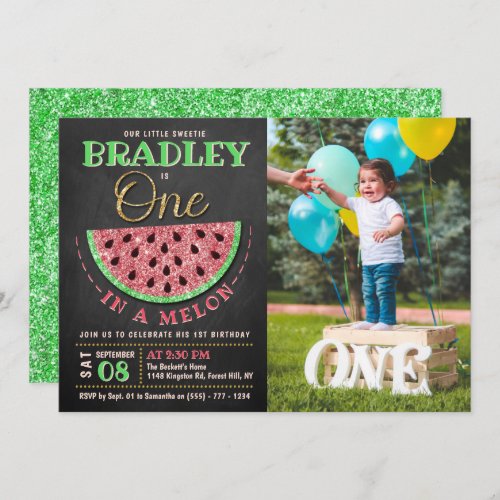 One In A Melon Chalkboard 1st Birthday Photo Invitation