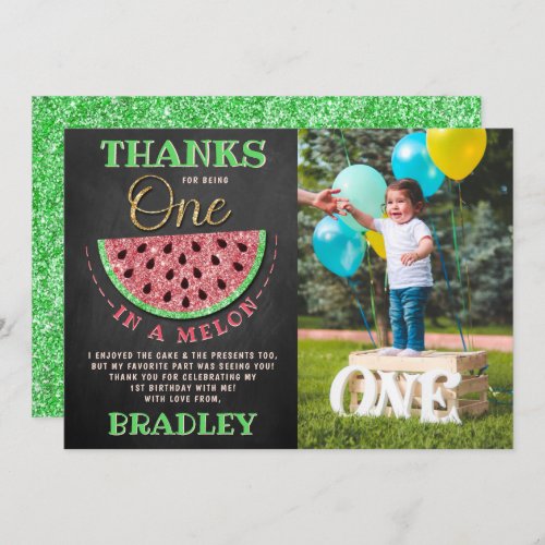 One In A Melon Chalkboard 1st Birthday Photo Thank You Card