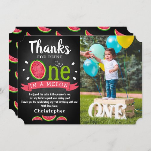 One In A Melon Chalkboard 1st Birthday Photo Thank You Card