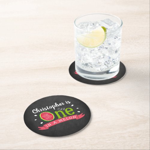 One In A Melon Chalkboard 1st Birthday Round Paper Coaster