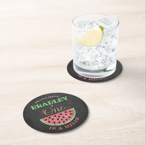 One In A Melon Chalkboard 1st Birthday Round Paper Coaster