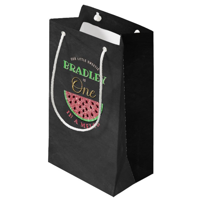 One In A Melon Chalkboard 1st Birthday Small Gift Bag (Front Angled)