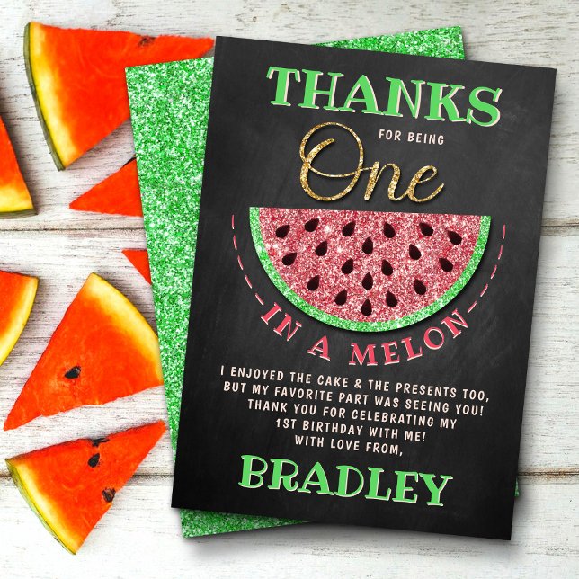 One In A Melon Chalkboard 1st Birthday Thank You Card (Creator Uploaded)