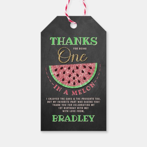 One In A Melon Chalkboard 1st Birthday Thank You Gift Tags