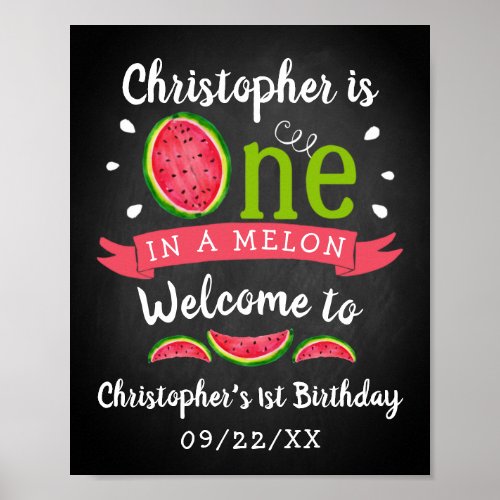 One In A Melon Chalkboard 1st Birthday Welcome Poster