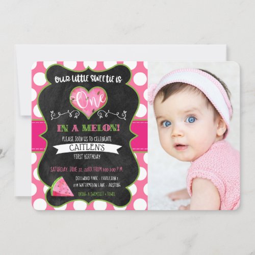 One in a Melon Chalkboard First Birthday Photo Invitation