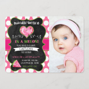 One in a Melon Chalkboard First Birthday Photo Invitation