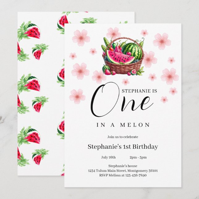 One in a Melon Cherry Blossom 1st Birthday Party Invitation (Front/Back)