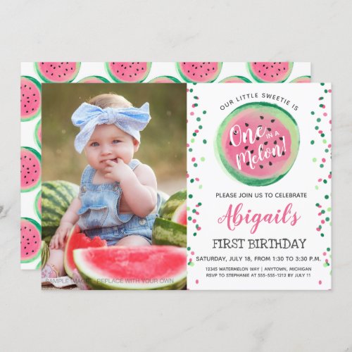 One in a Melon Confetti Photo 1st Birthday Party Invitation