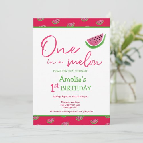 One in a Melon Custom 1st birthday Watermelon Part Invitation