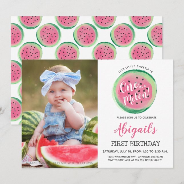 One in a Melon Custom Photo First Birthday Party Invitation (Front/Back)