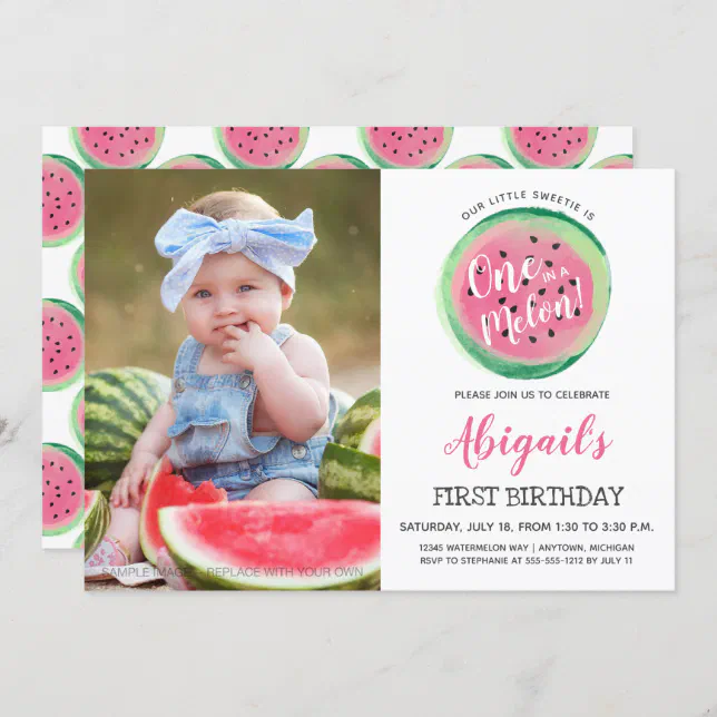 One in a Melon Custom Photo First Birthday Party Invitation | Zazzle