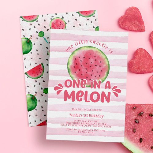 One in a Melon Cute Pink Girl 1st Birthday Invitation