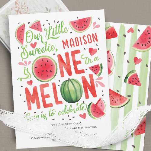 One in a Melon Cute Summer Adorable 1st birthday Invitation