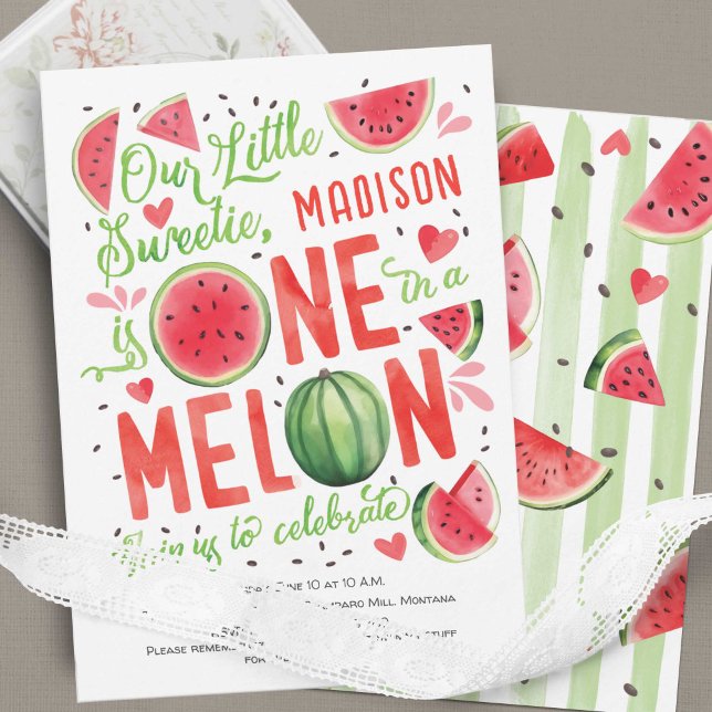 One in a Melon, Cute Summer Adorable 1st birthday Invitation (Summer Bright Red Watercolor One In a Melon, Watercolor Themed Girl 1st Birthday Invitation.)