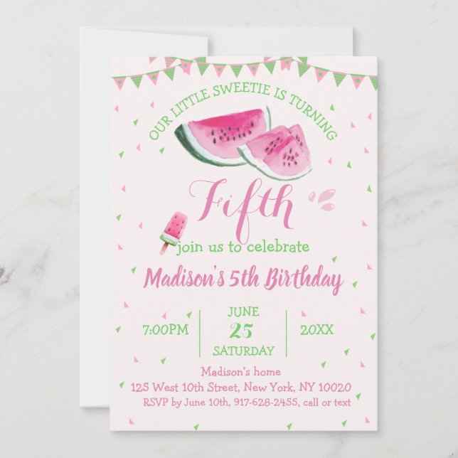 One In A Melon Cute Watermelon Fifth Birthday Invitation (Front)