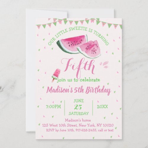 One In A Melon Cute Watermelon Fifth Birthday Invitation
