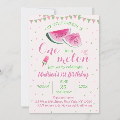 One In A Melon Cute Watermelon First Birthday Invitation